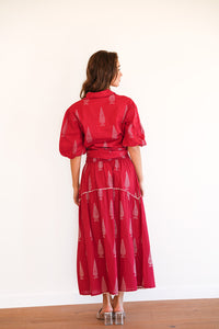 Elastic Shirring Long Skirt - Red/White Print