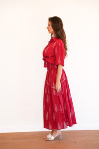 Elastic Shirring Long Skirt - Red/White Print