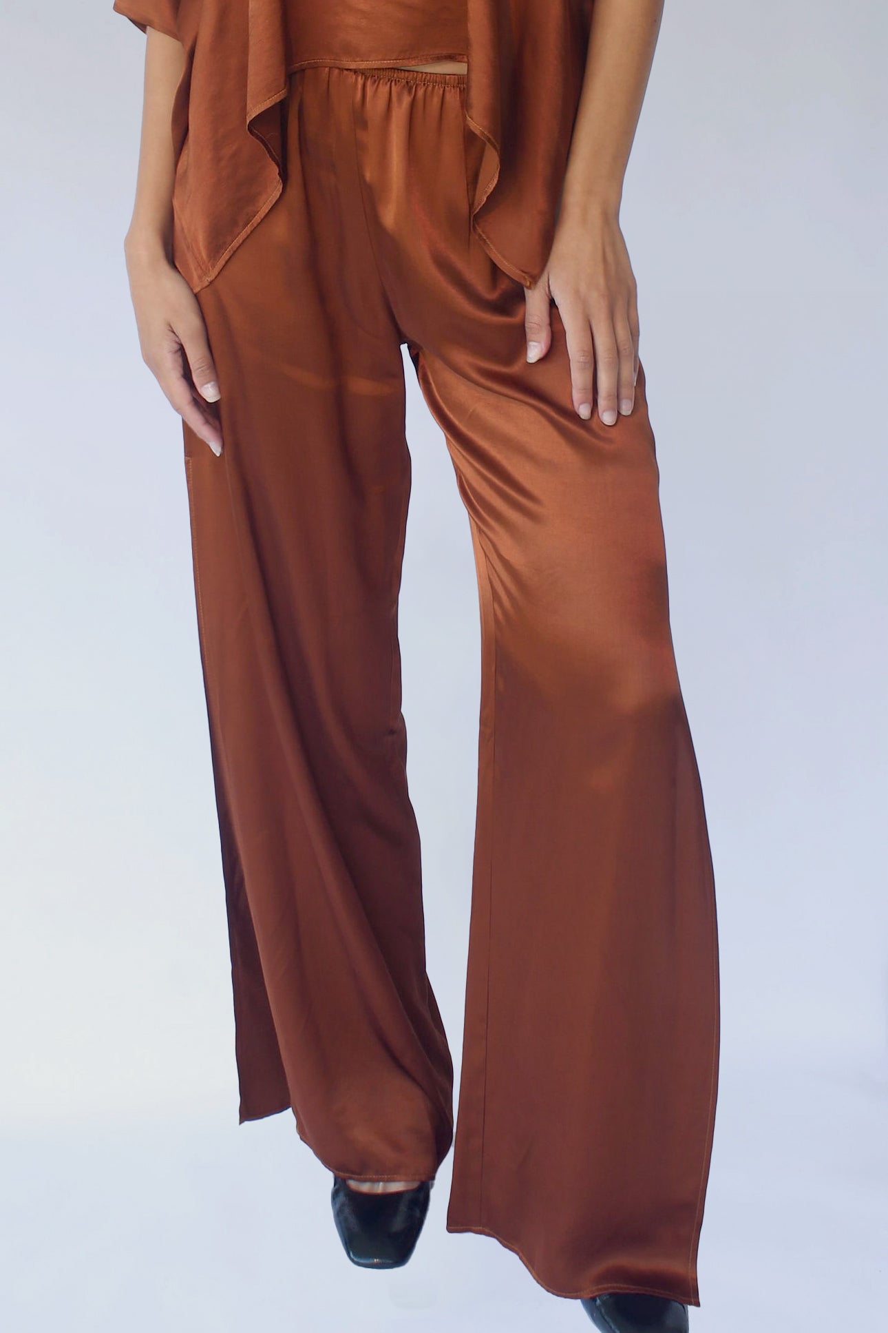 Silky Side Slit Pants - Rich Brown