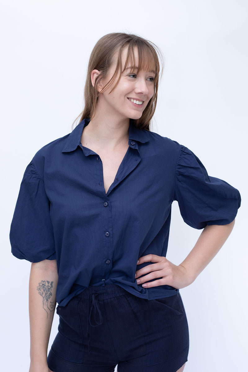 STARKx Summer 2023 Button Down Puff Sleeve Top Navy Front